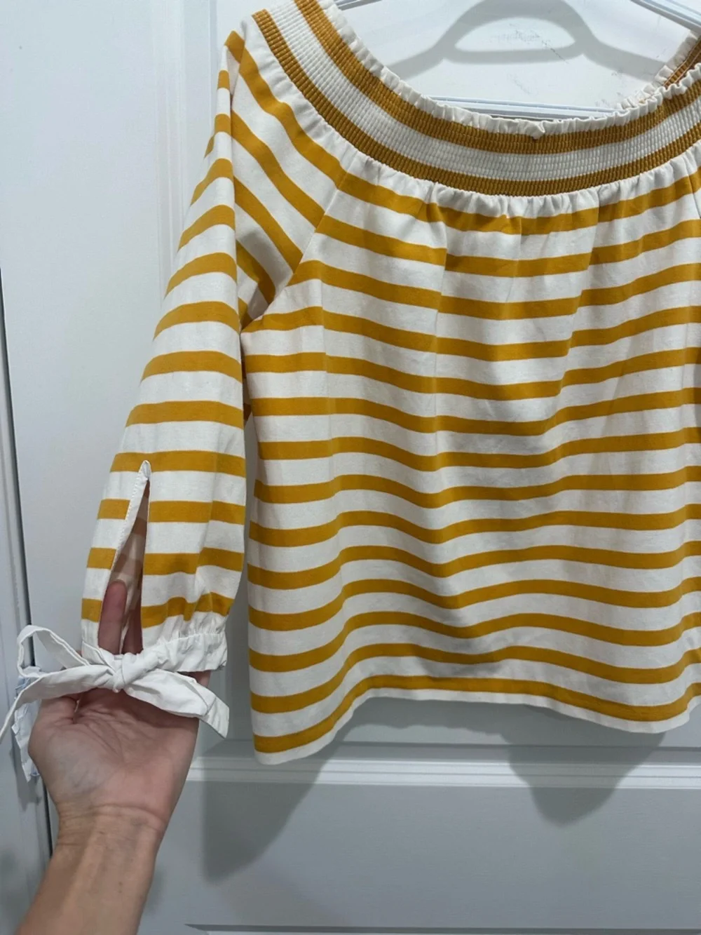J. Crew White and Mustard Striped Off-Shoulder Top SZ M